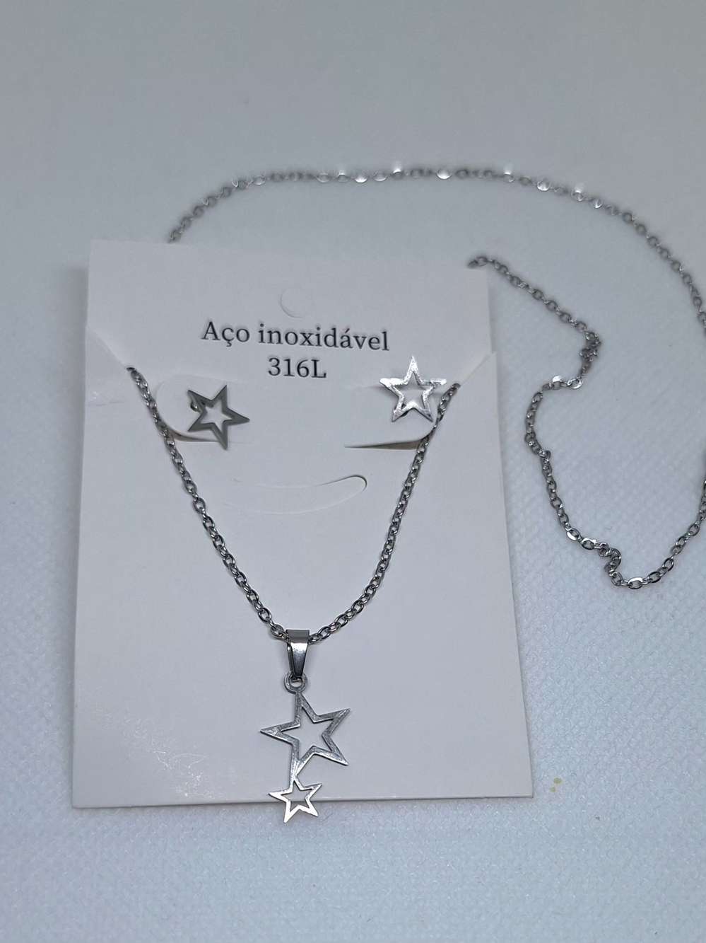 Stainless Steel Silver Star Necklace & Earrings Set for Kids